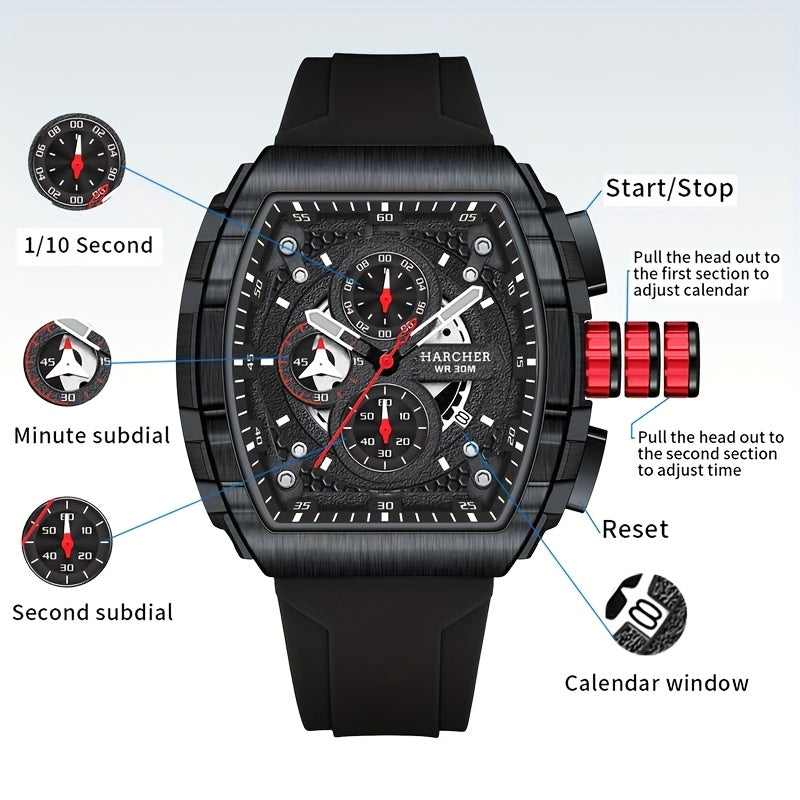 H Men Wristwatches, High-Accuracy Quartz Movement, Silicone Band,, Multi-Functional Design, Men's Dress Watches