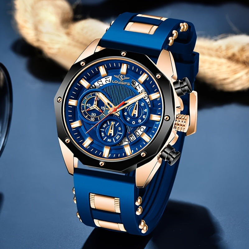 Men's Luxury Watch - Large Dial with Date Window, Quartz Movement, Navy Blue Dial & Golden-Tone Accents, for Business, Formal & Casual Attire - Ideal Gift for Men, Business Wristwatch, Sporty Elegant Design, Textured Strap De