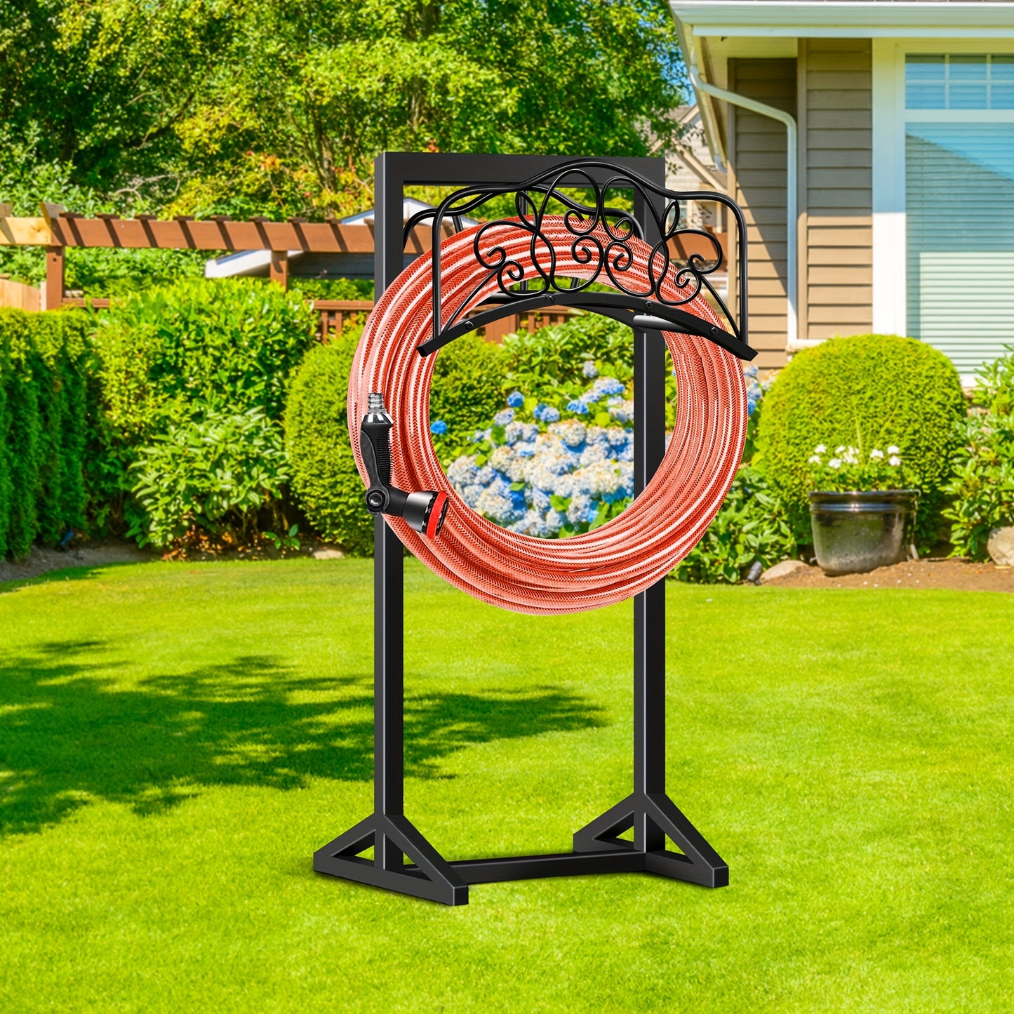 1pc Metal Garden Hose Holder, Outdoor Water Hose Holder with Hose Reel, Easy to Assemble, Detachable Design for Convenient Storage, for Outdoor, Garden, Patio Lawn, Black