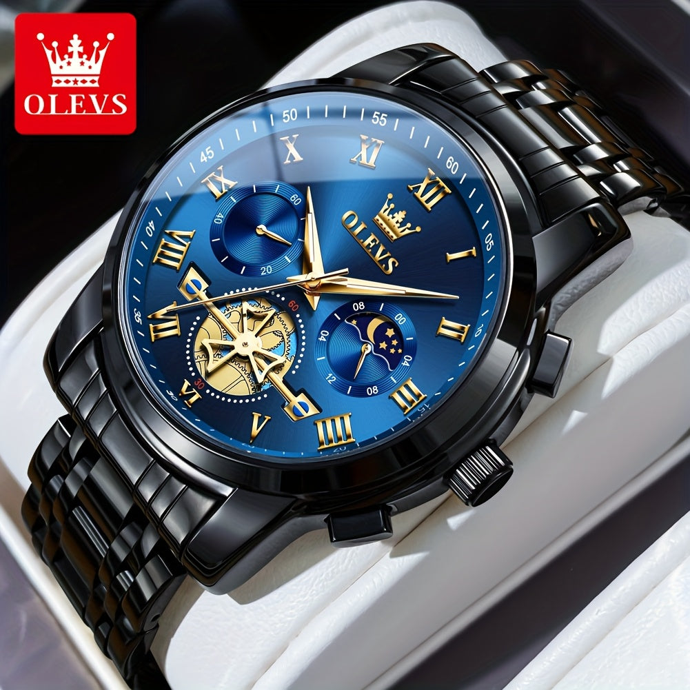[Luxury Men's Watch] OLEVS Luxury Men's Business Watch | Stainless Steel, Blue Dial, Golden Markers, Moon Phase Indicator, Luminous Hands, Quartz Movement, Roman Numerals & Crown Detailing | Versatile Wristwatch for Formal &