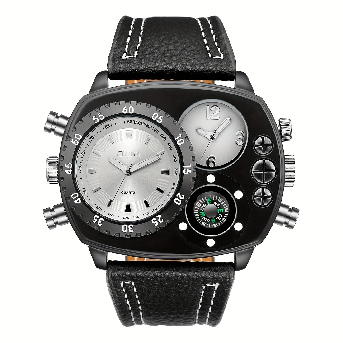 Men 2 Time Zone Big Quartz Watch Mens Faux Leather Wrist Watch Casual Sports Wirstwatch