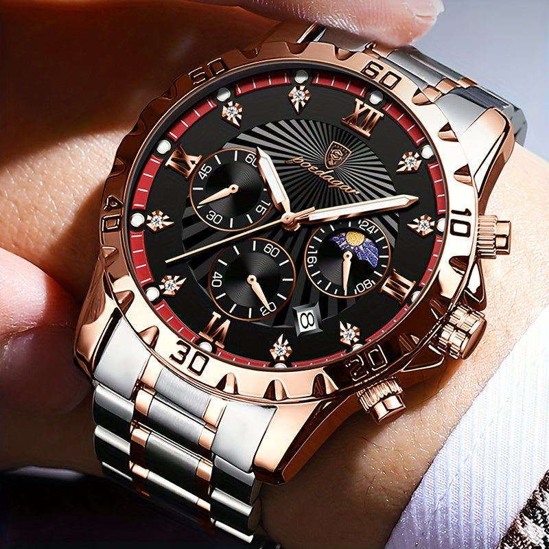 POEDAGAR Authentic Men'S Watch, Multifunctional Sports Watch with Three Sub-Dials And Six Hands, Strong Luminous Feature, Embedded with Synthetic Diamonds, a Premium Men'S Wristwatch, Couple'S Watch, Perfect for Holidays And