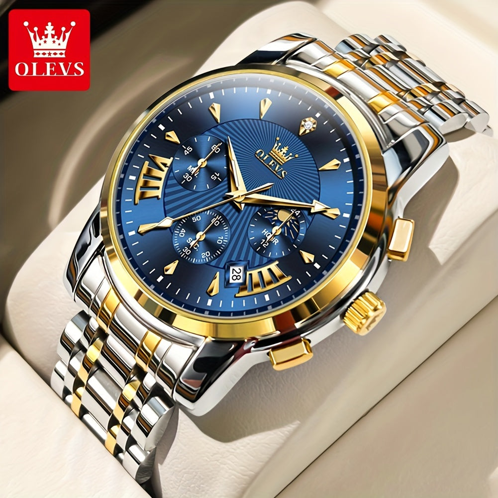 OLEVS Watch for Men Chronograph Stainless Steel Case Analog Quartz Fashion Business Dress Large Face Men Watch Day Date Luminous Waterproof Casual Male Wrist Watch