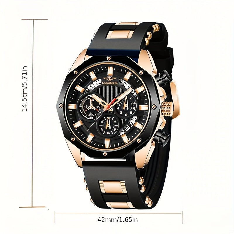 Men's Luxury Watch - Large Dial with Date Window, Quartz Movement, Navy Blue Dial & Golden-Tone Accents, for Business, Formal & Casual Attire - Ideal Gift for Men, Business Wristwatch, Sporty Elegant Design, Textured Strap De