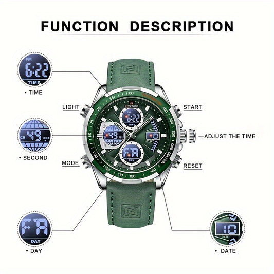 NAVIFORCE Men's Dual Display Sports Watch - Green Genuine Leather Strap, Stainless Steel Case, Chronograph & Date Functions, Ideal for Casual or Athletic Wear, Athletic Accessory|Classic Round Dial|Durable Zinc Alloy