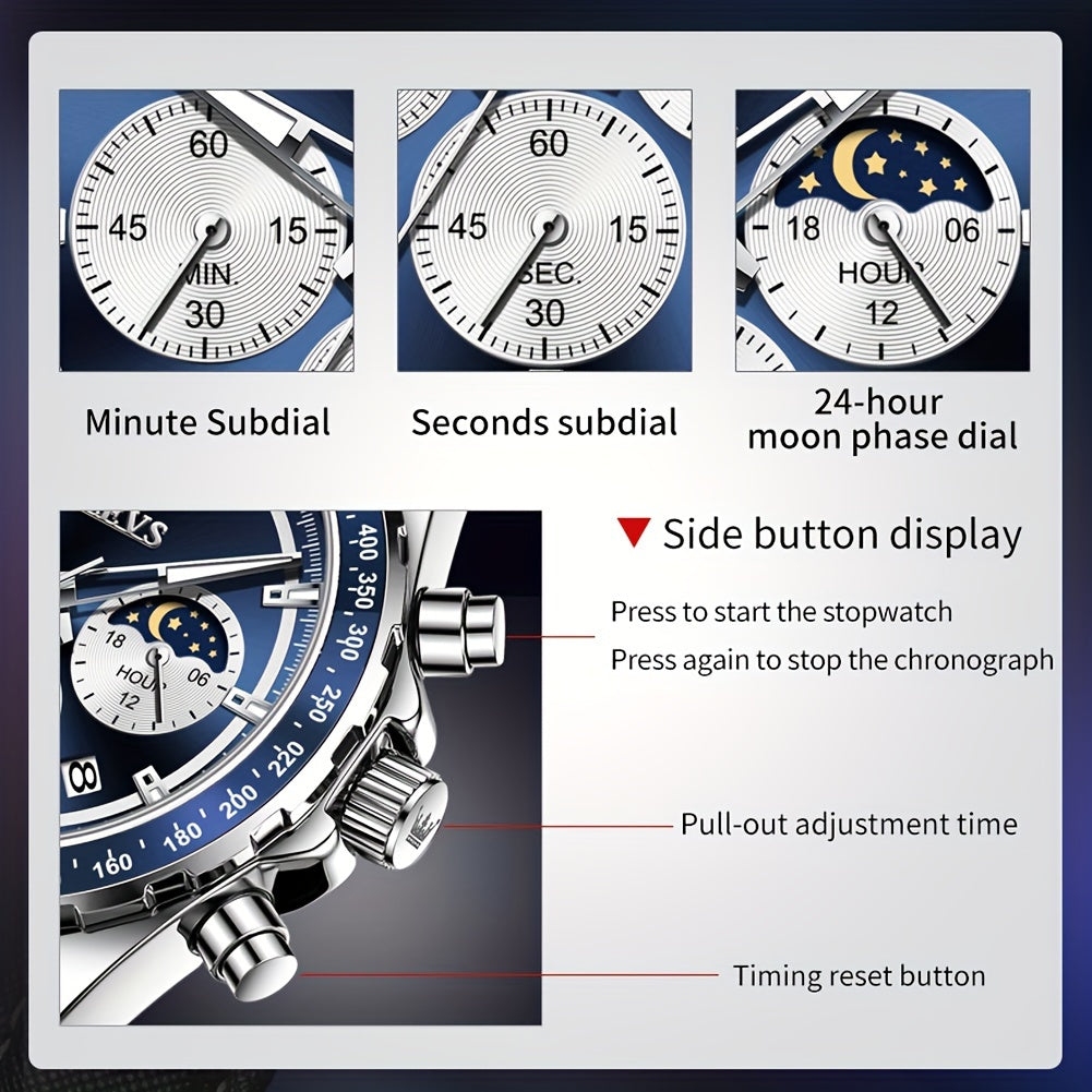 OLEVS Men'S Luxury Watches Blue Leather, Casual Watches for Men, Chronograph Watches Moon Phase Quartz Male Watch Wrist Watch Big Face with Calendar Wristwatch Relojes De Hombre