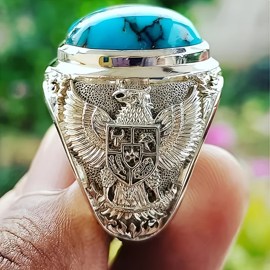 Men's Vintage Eagle Design Ring with Turquoise Stone – Retro Arabic Style Alloy Band, Intricate Engraved Eagle & Shield Motif, Perfect for Gifts, Parties, and Celebrations, Gift Ring | Retro Design | Engraved Jewelry, Best