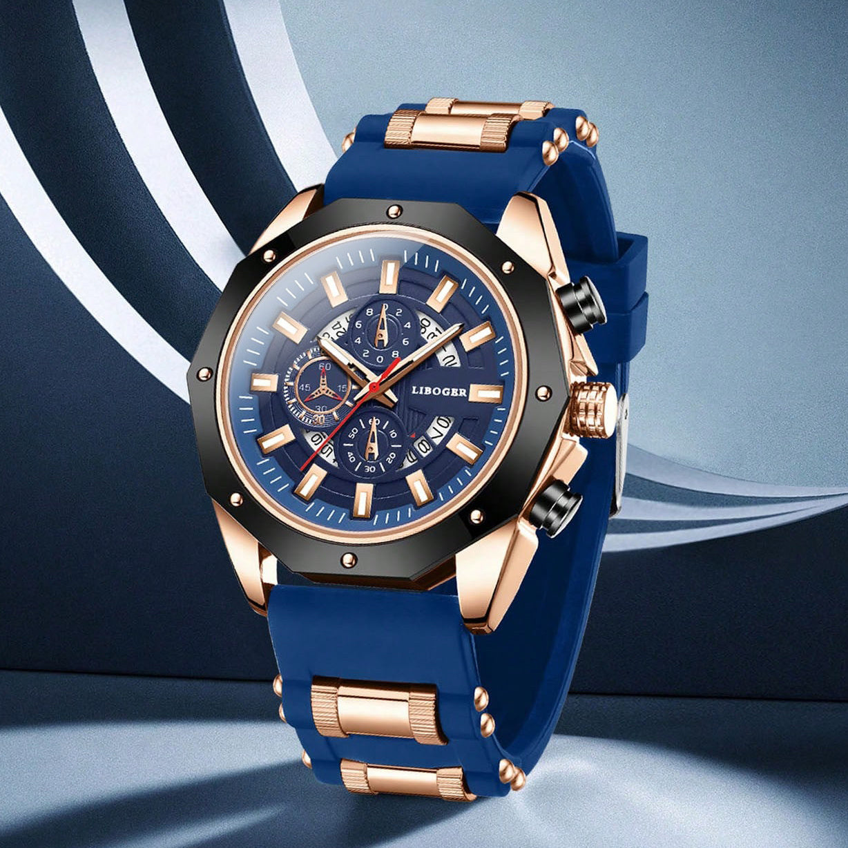 Men's Business Quartz Watch with Date Calendar, Large Blue Dial & Rose Golden Accents - Durable Silicone Strap, High Quality Casual & Formal Wristwatch for Men, Professional Timepiece, Sturdy Construction