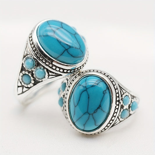 Golden Plated Synthetic Turquoise Ring - Unique Creative Design - Couple's Gift for Holidays