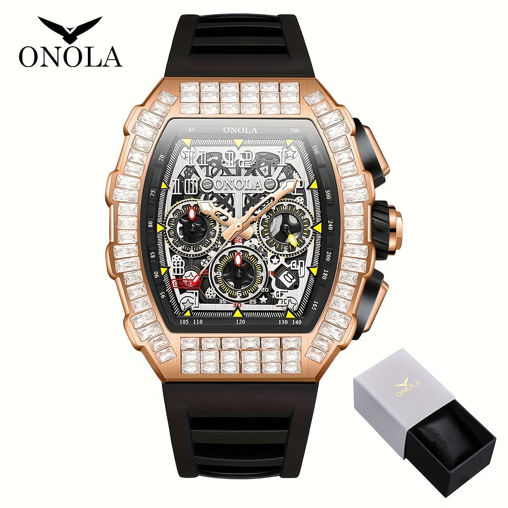 ONOLA Brand Men'S Automatic Mechanical Watch, Barrel Shape Hollow Tourbillon, Date Display, High-quality 3ATM Waterproof, Suitable For Casual And Formal Occasions, Daily Wear, Luxurious Sports Watch, Father'S Day Gift, The Be
