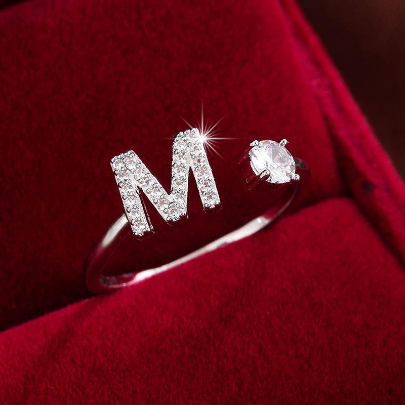 [Copper Fashion Ring] Four-claw Round Zirconia Adjustable Copper Ring With 26 English Letters