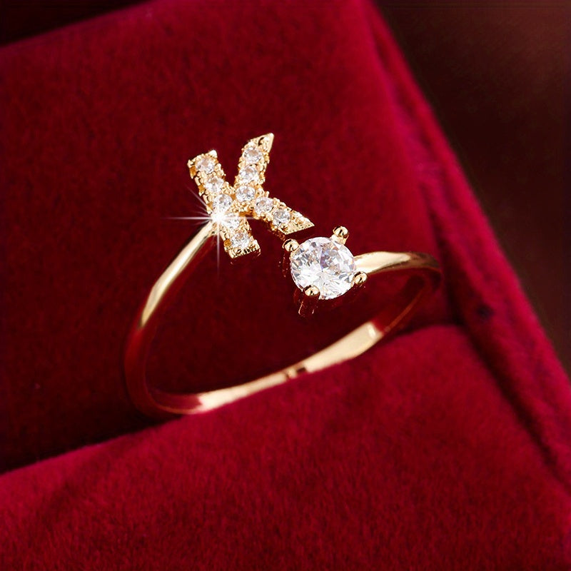 [Copper Fashion Ring] Four-claw Round Zirconia Adjustable Copper Ring With 26 English Letters