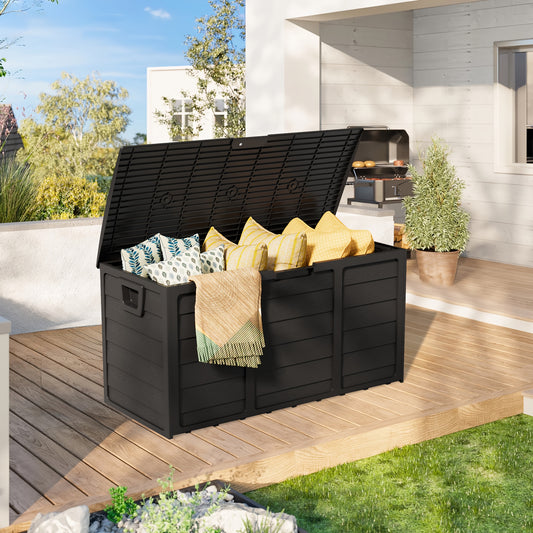 [Outdoor Storage Box] 75 Gallon Resin Outdoor Storage Box with Handles, Deck Storage Container with Handles for Pool Accessories, Garden Tools, Camping Gear, Easy to Assemble, Box,Cabinet,Rack for Outdoor Storage