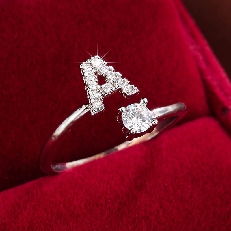 [Copper Fashion Ring] Four-claw Round Zirconia Adjustable Copper Ring With 26 English Letters
