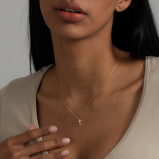 Minimalist Golden-Tone Mini Cross Pendant Necklace - Delicate Layering Chain for Casual Attire, Valentine's Gift, Versatile Women's Jewelry for All Seasons, Seasonal Accessory, Elegant Accessory