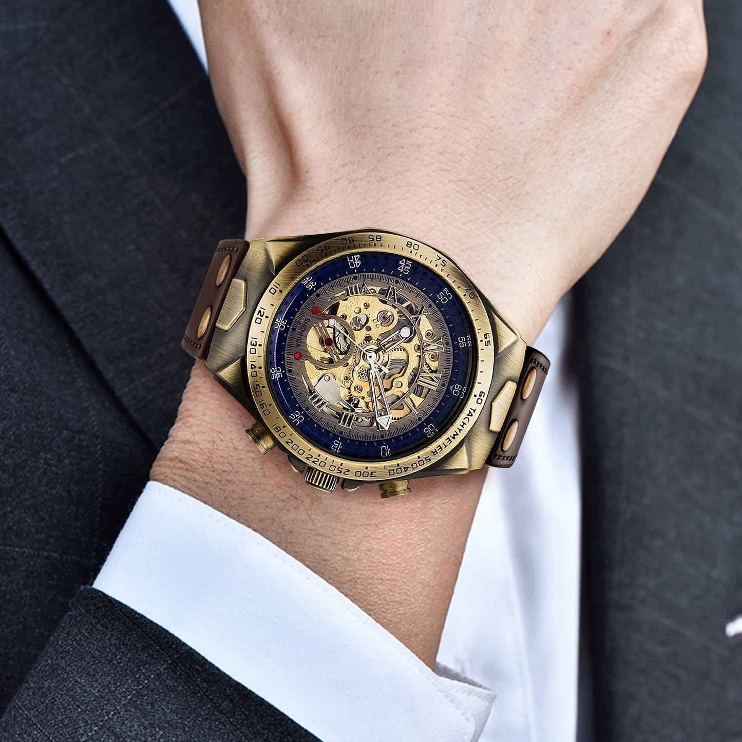 Automatic Mechanical Wristwatch for Men, Luxury Classic Skeleton Dial Watch, Retro Design for Casual Fashion, Ideal Gift for Labor Day/Christmas/Thanksgiving/Birthday