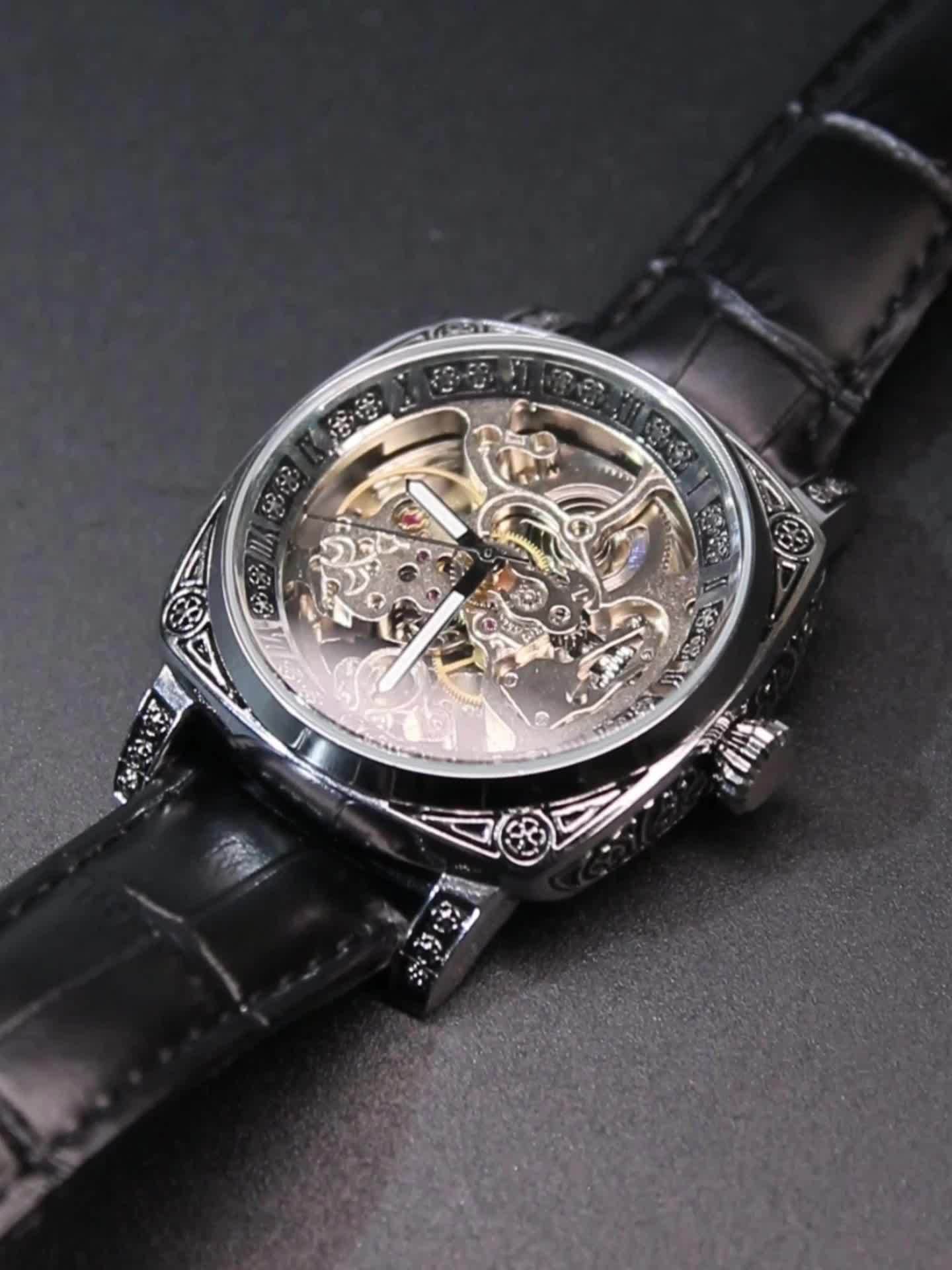 1pc Men's Silvery-Black Belt Retro Style Handsome Personality Luminous Engraved Automatic Mechanical Watch