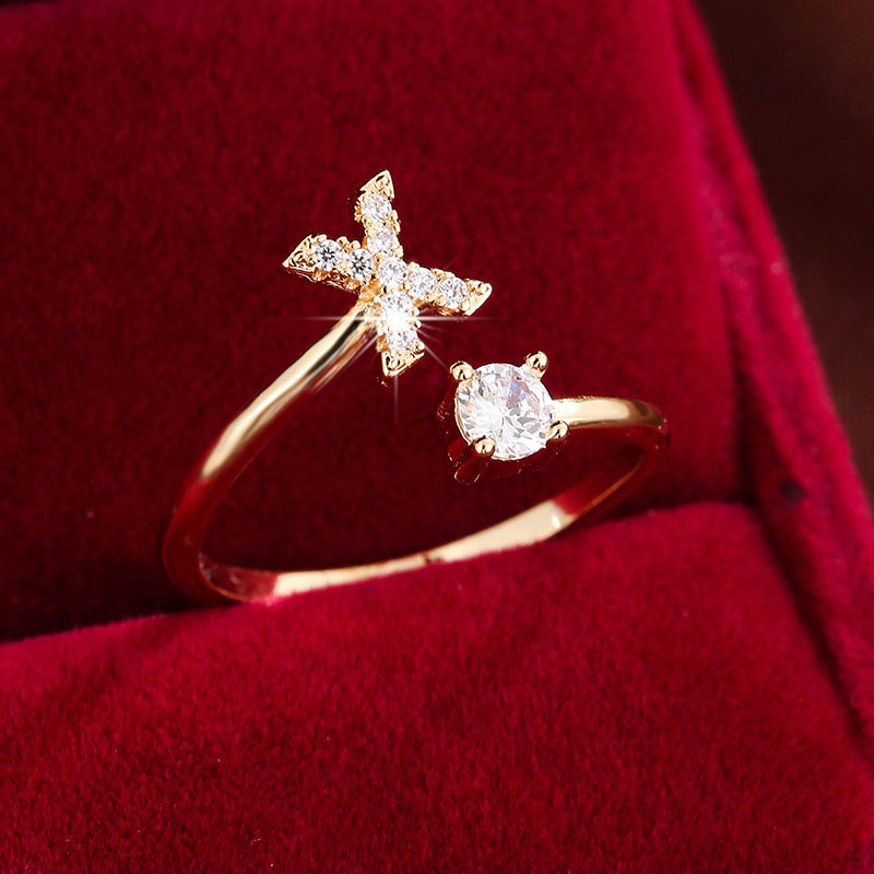 [Copper Fashion Ring] Four-claw Round Zirconia Adjustable Copper Ring With 26 English Letters