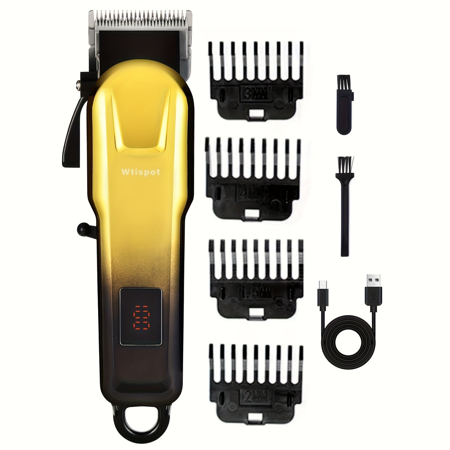 3pcs/se 1pc/sett Men's Professional Golden Hair Clipper & Trimmer Set - USB Rechargeable Hair Cutting Kit with LCD Display Including Electric Shaver, T-Blade Trimmer, 8 Limit Combs, 3 USB Cables, 3 Cleaning Brushes & Combs -