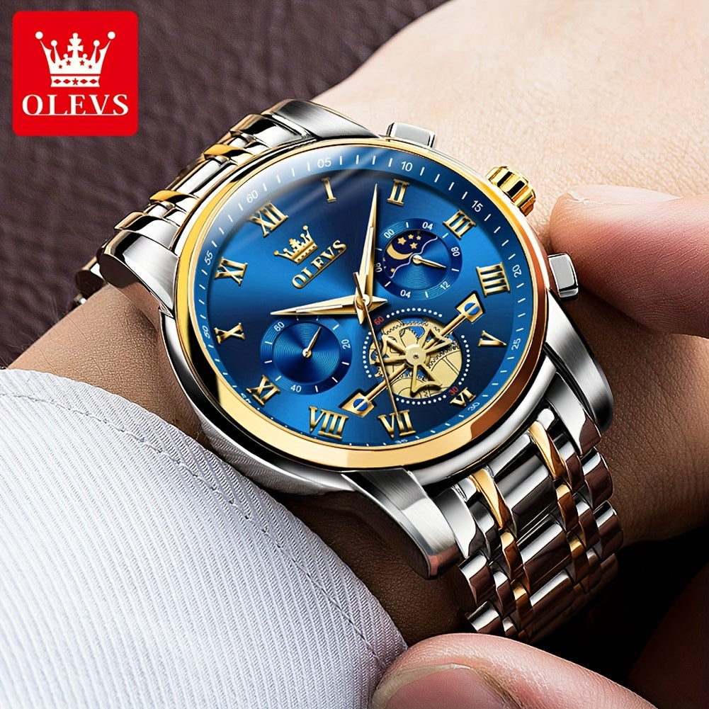 [Luxury Men's Watch] OLEVS Luxury Men's Business Watch | Stainless Steel, Blue Dial, Golden Markers, Moon Phase Indicator, Luminous Hands, Quartz Movement, Roman Numerals & Crown Detailing | Versatile Wristwatch for Formal &