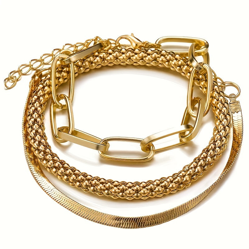 Trendy European And American Accessories: Hot-selling Multi-layer Snake Bone Chain Bracelet Set, Creative Vintage 3-piece Golden Chain Bracelet For Women.