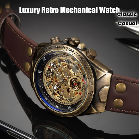 Automatic Mechanical Wristwatch for Men, Luxury Classic Skeleton Dial Watch, Retro Design for Casual Fashion, Ideal Gift for Labor Day/Christmas/Thanksgiving/Birthday