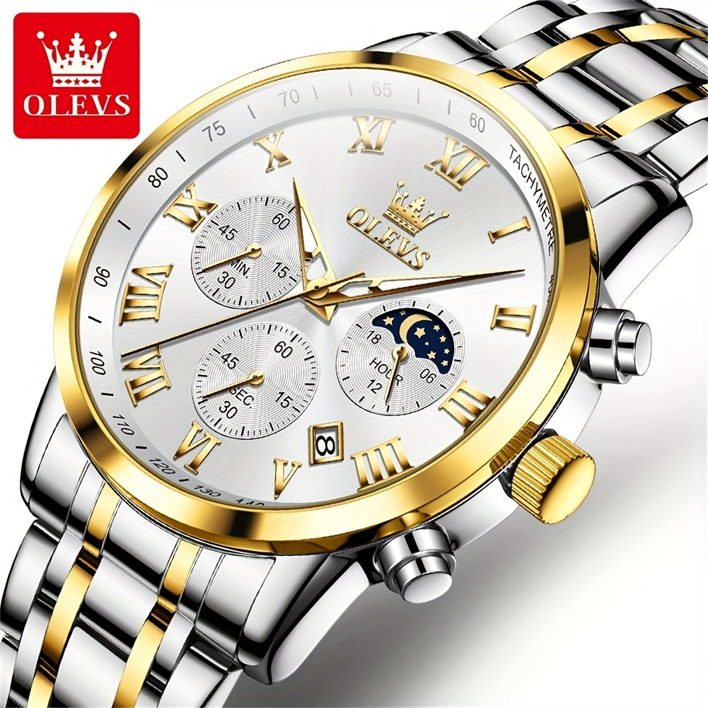 OLEVS Original Stainless Steel Fashion Multifunction Quartz Watch for Men High Quality Chronograph Calendar Moon Phase Luminous Luxury Men's Wrist Watches