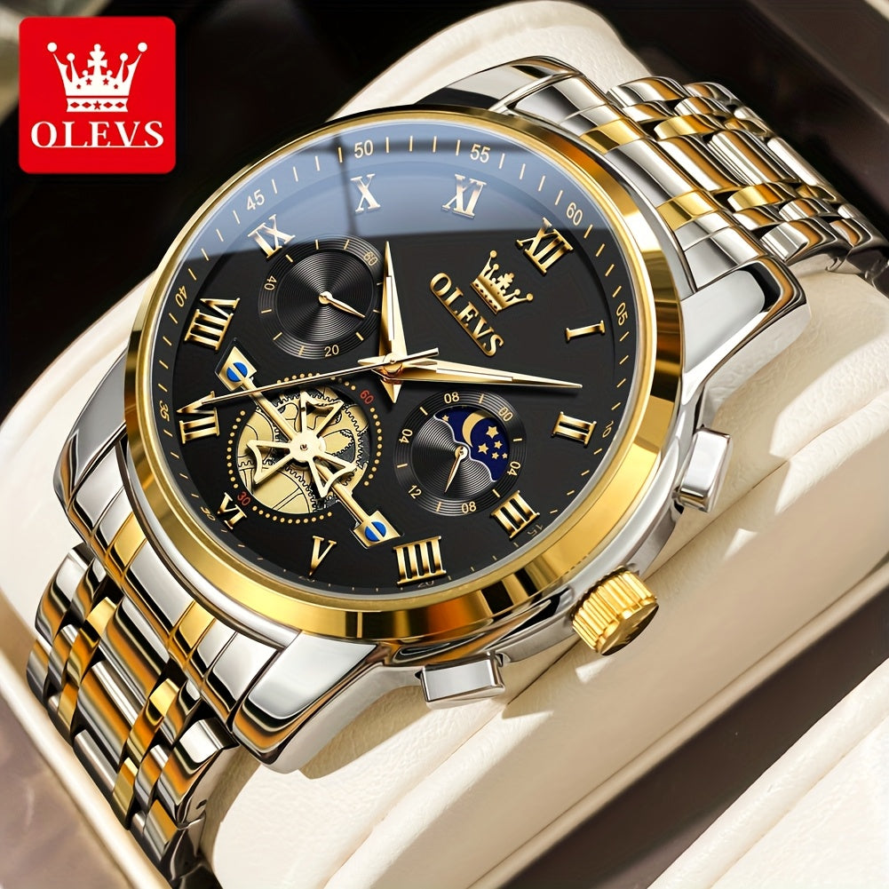 [Luxury Men's Watch] OLEVS Luxury Men's Business Watch | Stainless Steel, Blue Dial, Golden Markers, Moon Phase Indicator, Luminous Hands, Quartz Movement, Roman Numerals & Crown Detailing | Versatile Wristwatch for Formal &
