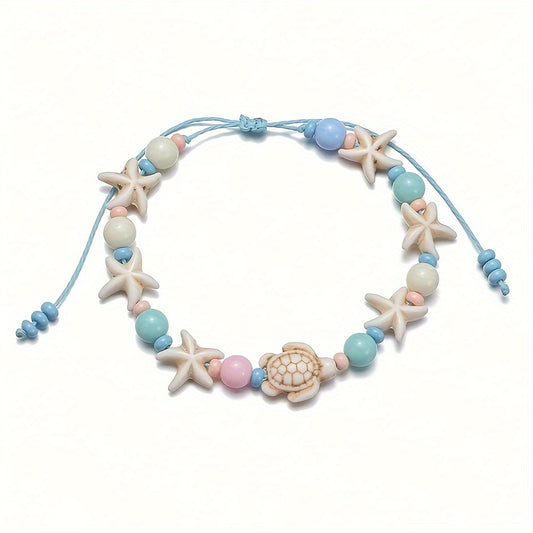 1pc Ocean-Themed Beach Vacation Bracelet - Starfish & Turtle Acrylic Bead Strand with Pastel Blue Green Beads, Lightweight Durable Summer Party Jewelry for Women, Year-Round Casual Wear