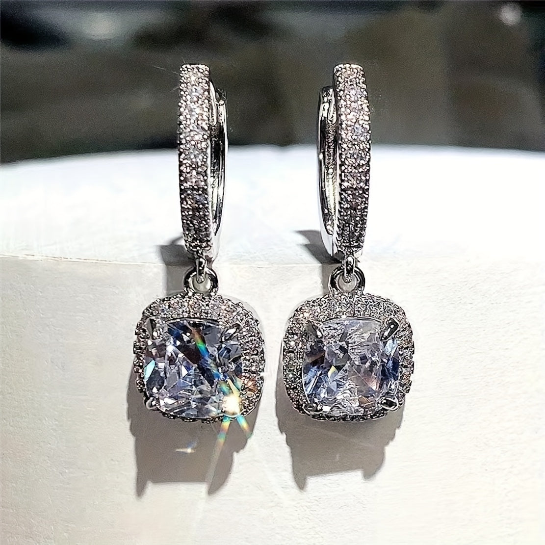 A Pair of Copper Square Design Earrings with Micro Zirconia for Ladies, Suitable for Weddings and Daily Use