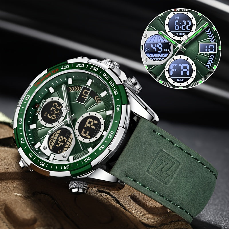 NAVIFORCE Men's Dual Display Sports Watch - Green Genuine Leather Strap, Stainless Steel Case, Chronograph & Date Functions, Ideal for Casual or Athletic Wear, Athletic Accessory|Classic Round Dial|Durable Zinc Alloy