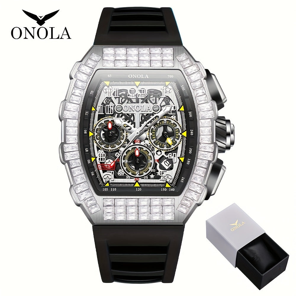 ONOLA Brand Men'S Automatic Mechanical Watch, Barrel Shape Hollow Tourbillon, Date Display, High-quality 3ATM Waterproof, Suitable For Casual And Formal Occasions, Daily Wear, Luxurious Sports Watch, Father'S Day Gift, The Be