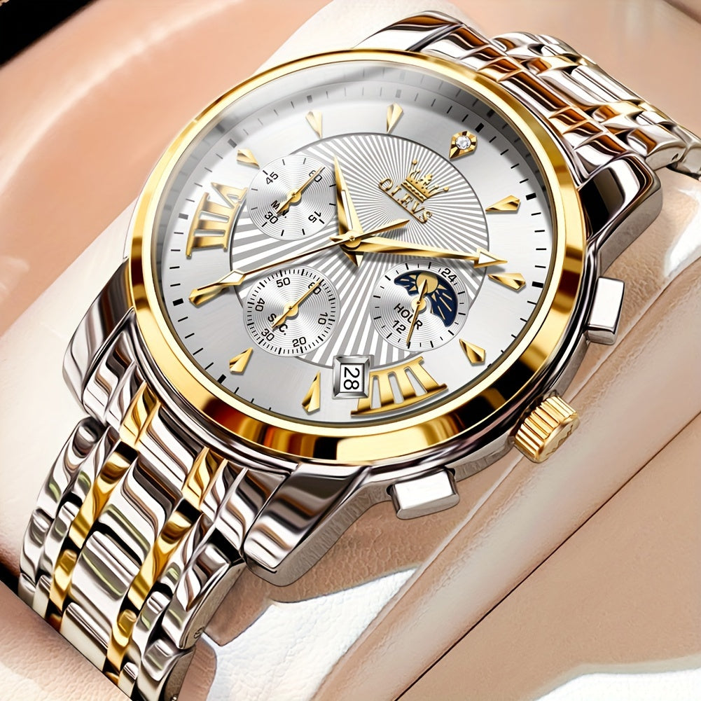 OLEVS Watch for Men Chronograph Stainless Steel Case Analog Quartz Fashion Business Dress Large Face Men Watch Day Date Luminous Waterproof Casual Male Wrist Watch