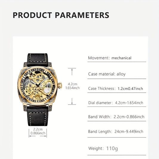 Men'S Golden Automatic Mechanical Watch with Hollowed-Out Skull Dial, Roman Numerals & World Time Function - Luxury Round Formal & Casual Wristwatch with Black Faux Leather Strap, Mechanical Movement, No Battery Needed, Forma