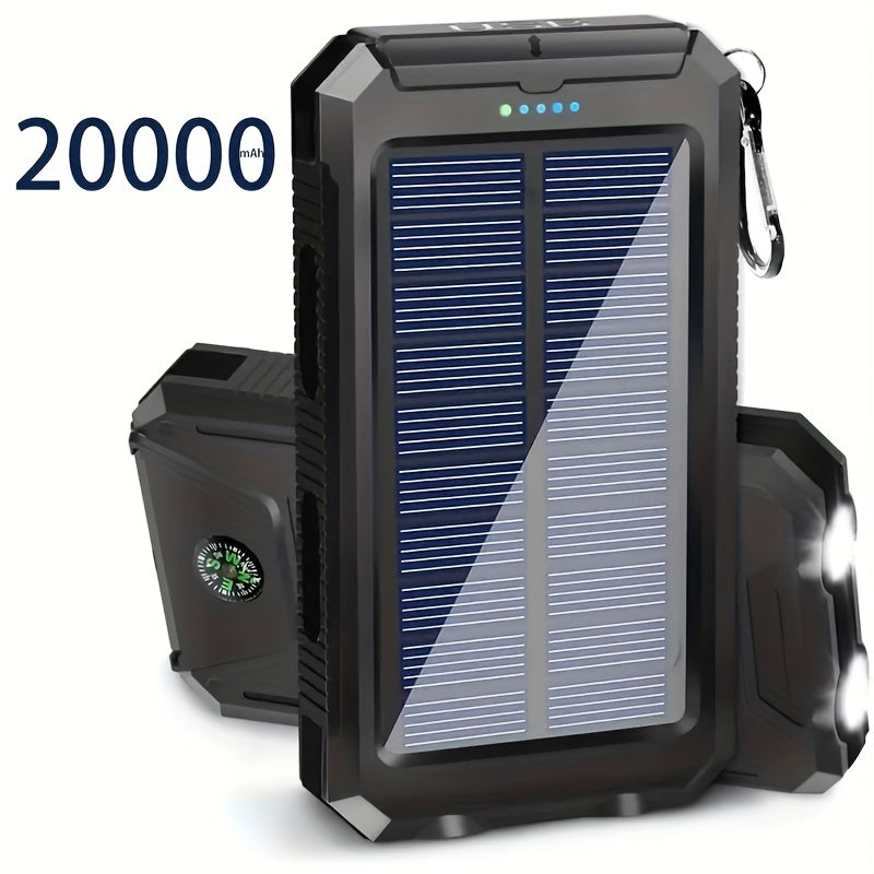 Portable Solar Mobile Phone Charger, Camping External Battery Charger For Mobile Phones, 2 USB/ LED Flashlights With Compass For Outdoor Activities, 15800/20000mAh Portable Solar Power Bank