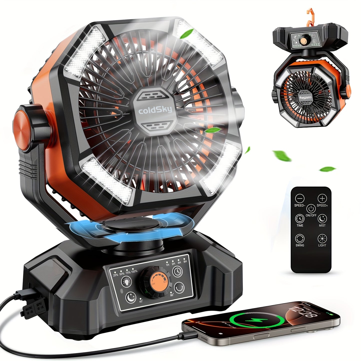 20000mAh Battery Powered Camping Fan - Dual Motor, 8-Speed Remote Control & 4 LED Lanterns, Portable Outdoor Fan with Tent Hook for Camping, Blackouts, Construction Sites