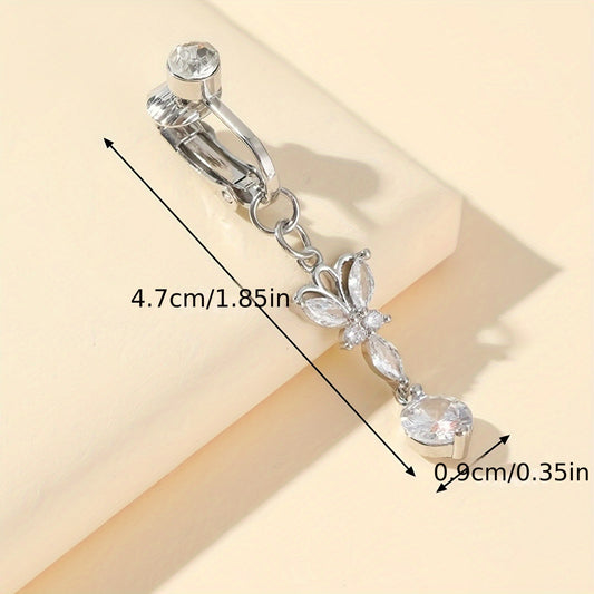 Zinc Alloy Butterfly Clip-On Fake Belly Button Ring - Elegant & Sexy Non-Piercing Jewelry with Cubic Zirconia Accents - Perfect for Daily Wear & Parties