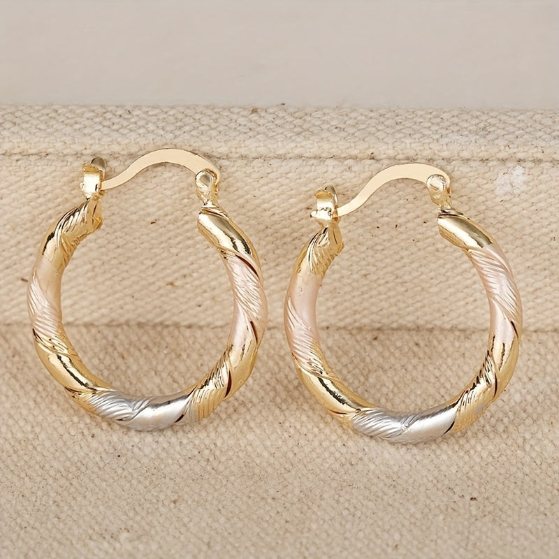 Two-Tone Golden And Silvery Elegant & Classic Twisted Hoop Earrings, Minimalist Fashion Accessories For Women