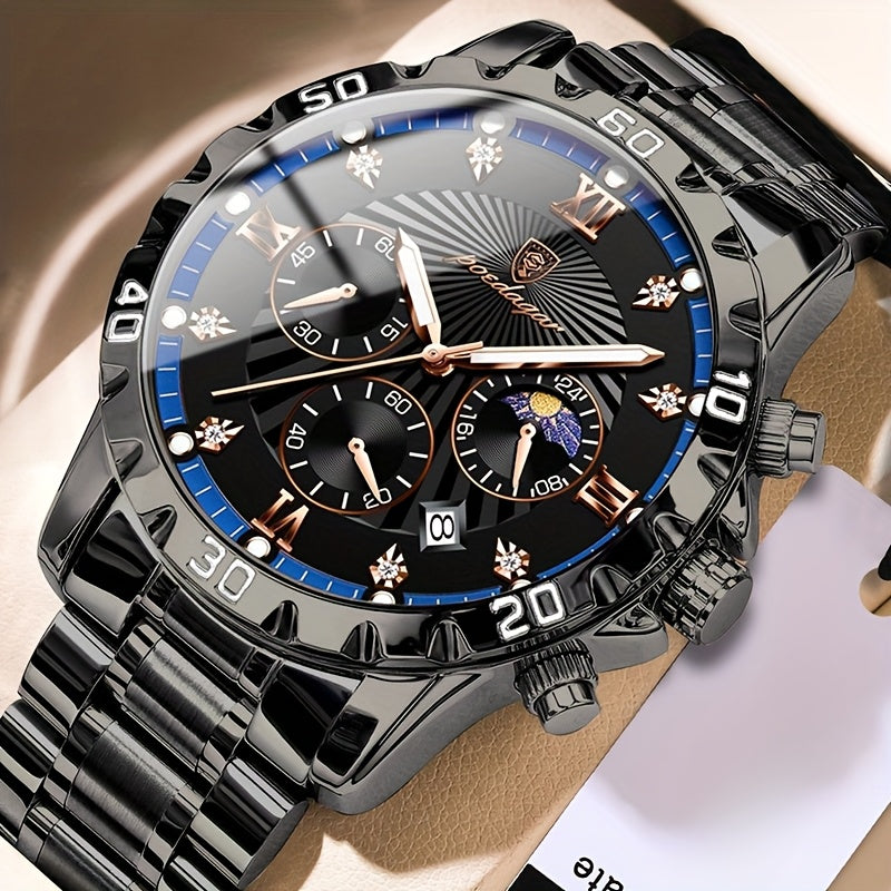 POEDAGAR Authentic Men'S Watch, Multifunctional Sports Watch with Three Sub-Dials And Six Hands, Strong Luminous Feature, Embedded with Synthetic Diamonds, a Premium Men'S Wristwatch, Couple'S Watch, Perfect for Holidays And