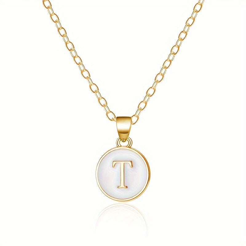 26-Letter Stainless Steel Clavicle Chain Necklace - Dripping Oil Geometric Round Pendant with English Initials - Ladies' Fashion Jewelry for Personalized Gift