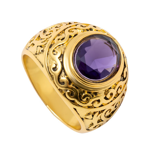 1pc Vintage Carved Floral Ring with Purple Glass Stone - Golden-Tone Intricate Detailing Unisex Wedding Engagement Ring for Men & Women, Timeless Elegance for Casual Attire & Special Occasions, Wedding Ring, Unisex Jewelry, C