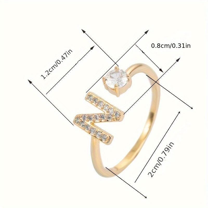 [Copper Fashion Ring] Four-claw Round Zirconia Adjustable Copper Ring With 26 English Letters