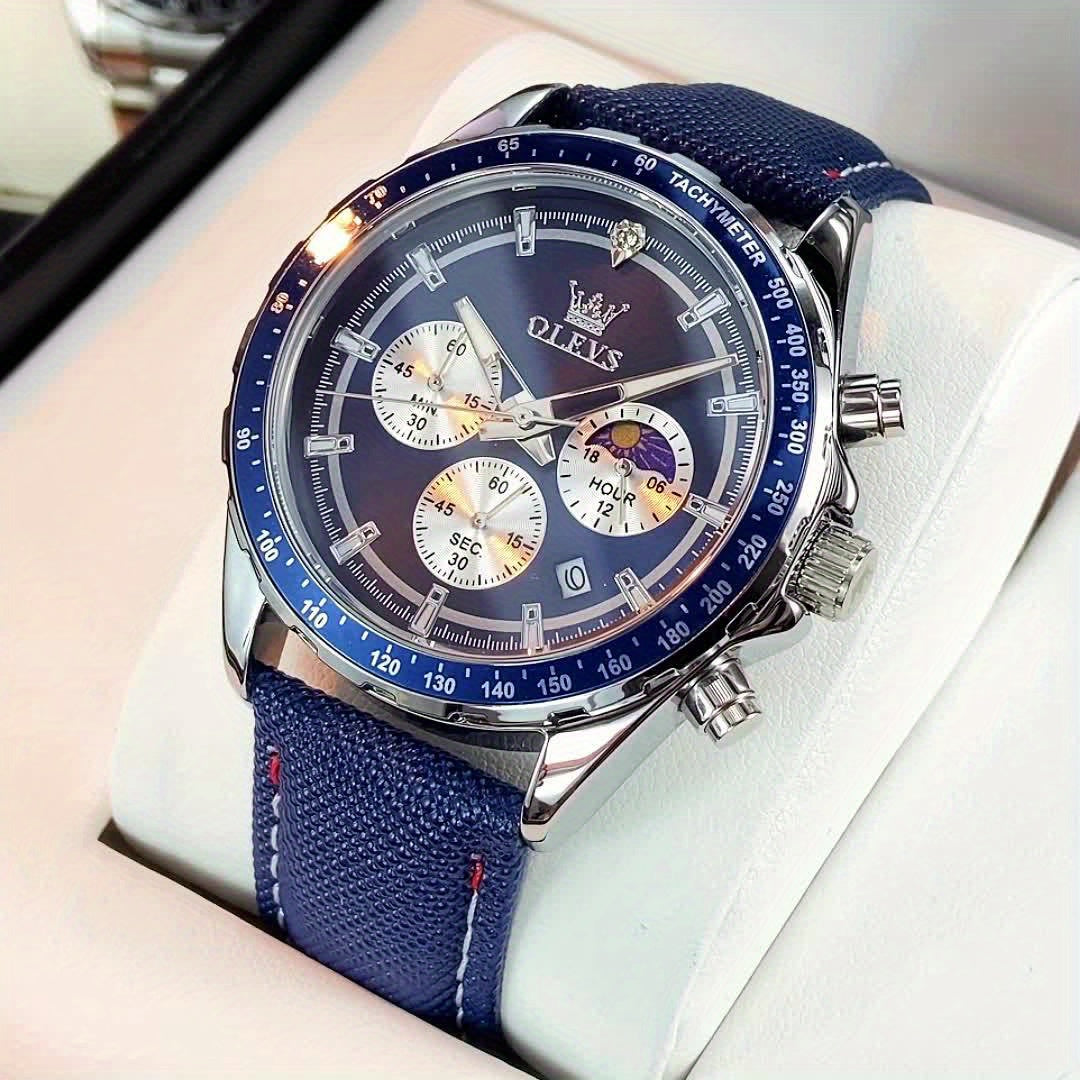 OLEVS Men'S Luxury Watches Blue Leather, Casual Watches for Men, Chronograph Watches Moon Phase Quartz Male Watch Wrist Watch Big Face with Calendar Wristwatch Relojes De Hombre