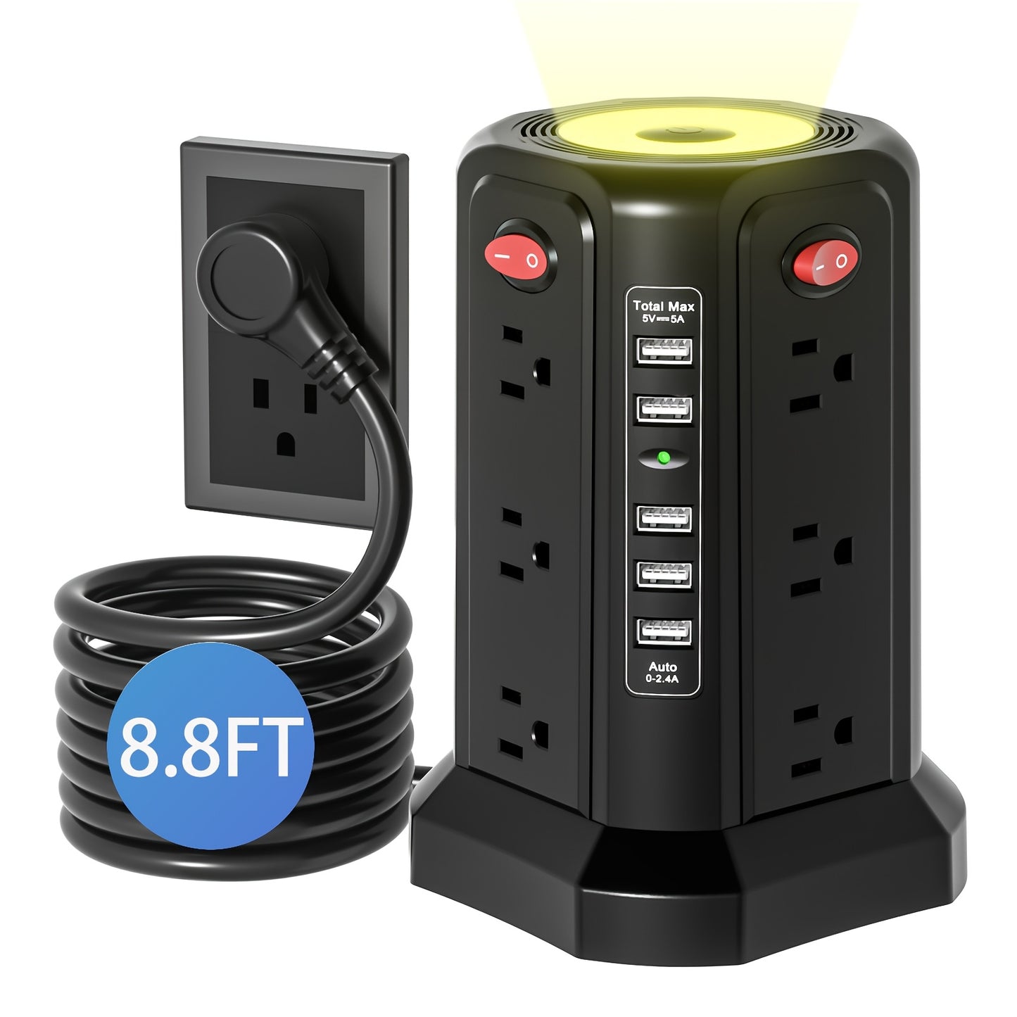 LEVEL 4 Upgraded New Product Flat Plug 16 AC Outlets Power Strip Tower with USB/USB C Port, Surge Protector Power Tower with 5 USB Charging Ports, Extension Cord Desktop Power Strip