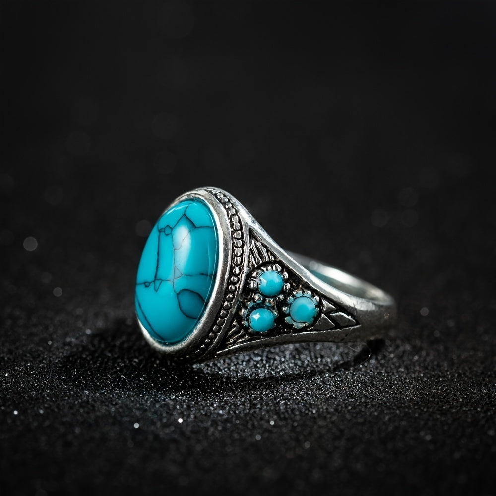 Golden Plated Synthetic Turquoise Ring - Unique Creative Design - Couple's Gift for Holidays