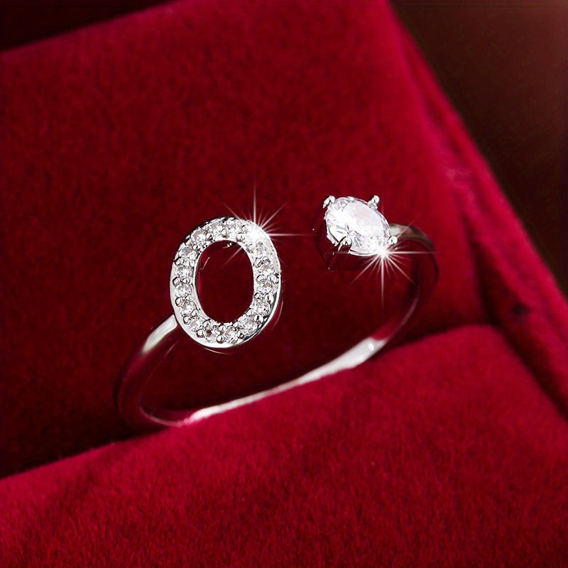 [Copper Fashion Ring] Four-claw Round Zirconia Adjustable Copper Ring With 26 English Letters