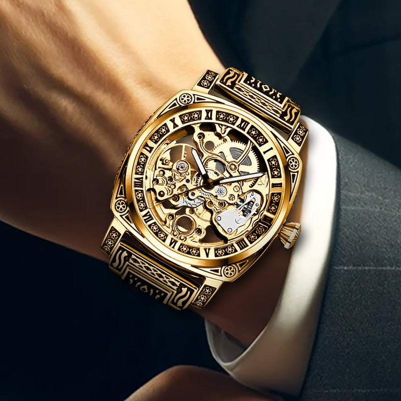 1pc Elegant Men'S Mechanical Watch, Goldene Zinc Alloy Case, Self-Winding Round Dial with Carved Night Light Design, Pointer Display, Zinc Alloy Strap - No Battery Required