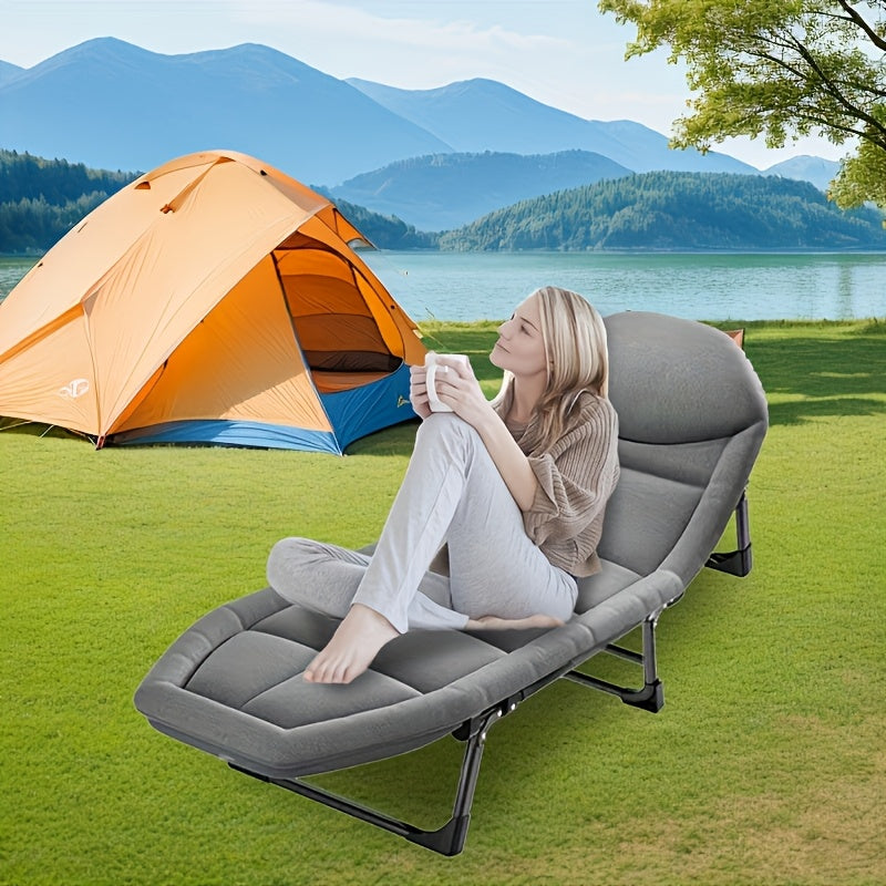 [Comfortable Folding Bed] 1pc Comfortable Ergonomic American Folding Bed, Single Recliner Lunch Bed | Portable Courtyard Office Camping Nap Multi-functional Lounge Chair Lazy Artifact With Mattress