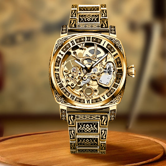 1pc Elegant Men'S Mechanical Watch, Goldene Zinc Alloy Case, Self-Winding Round Dial with Carved Night Light Design, Pointer Display, Zinc Alloy Strap - No Battery Required