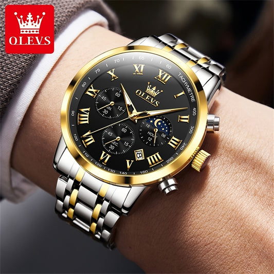 OLEVS Men Watch Stainless Steel Chronograph Roman Numerals Moon Phases Analog Quartz Luxury Dress Watch for Men